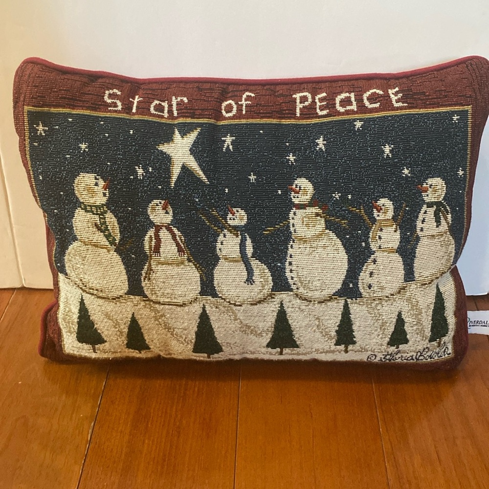 Gloria Bowler Riverdale tapestry Star of Peace Snowman Christmas throw pillow